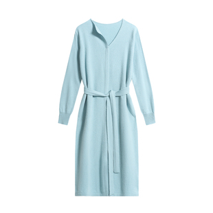 衣尚【100%山羊绒】V领修身系带针织连衣裙春夏新款中长款毛衣裙