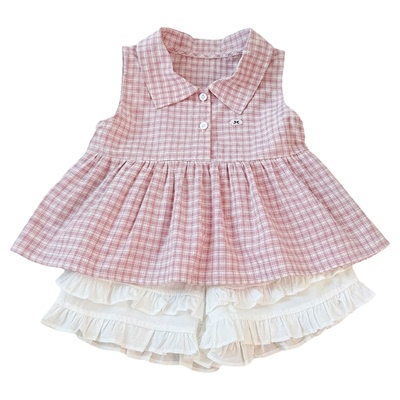 新款韩版粉色格子短裤套装