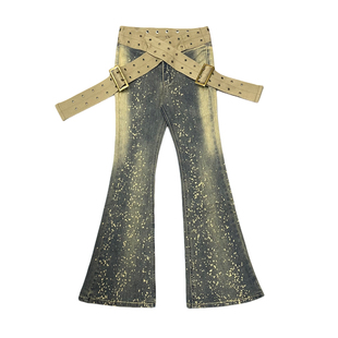 李李服饰性感交叉腰带微喇裤女2025年冬季低腰紧身显瘦喇叭牛仔裤