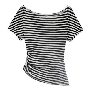 贰羊设计【墨裁】黑白条纹斜肩T恤女夏高级感不规则露肩短袖上衣