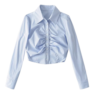 YoungGirlDay纯欲风性感翻领单排扣褶皱收腰短款露脐长袖衬衫上衣