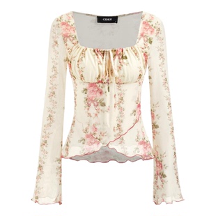 CIDER 碎花荷叶边抽绳长袖网纱方领上衣女装114915152