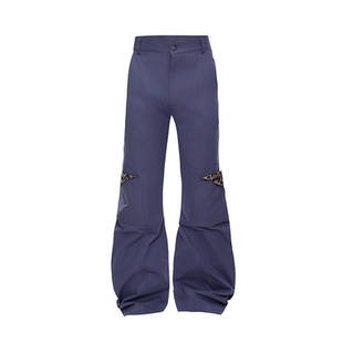 RsnenLB蓝色复古水洗Vintage弯刀豹纹拼接折叠口袋工装法工裤