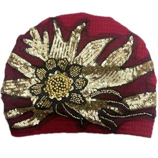 秋冬新款太阳花超柔针织串珠洋气包头帽遮白发时尚蕾丝花朵妈妈帽