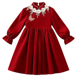 女童旗袍连衣裙秋冬装儿童诗歌朗诵大合唱红色中式礼服新年拜年服