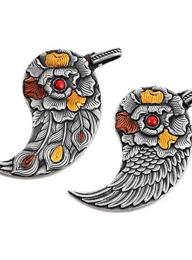 银千造 比翼双飞足银999实心男女款银吊坠手工镶金纯银项链毛衣链