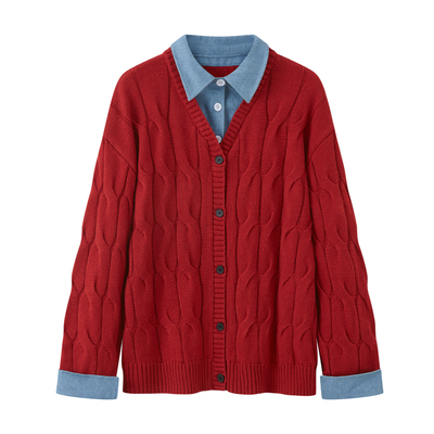 YUZI假两件针织开衫红色大码