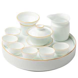 潮汕小号功夫茶杯茶船套装甜白玉瓷盖碗茶具茶盘整套家用办公简约