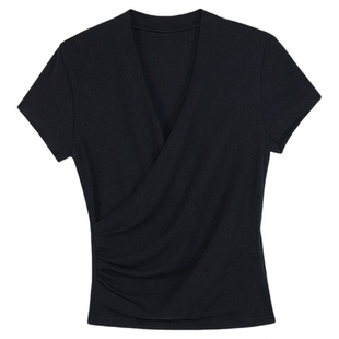 pusumede极简v领交叉短袖T恤女修身夏季短款设计感气质针织上衣