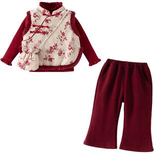 班喜迪女童套装冬装新款女宝宝中国风唐装周岁礼服儿童新年拜年服