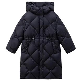 哈齿童装儿童中长款羽绒服藏青色设计感防寒连帽羽绒外套男童女童