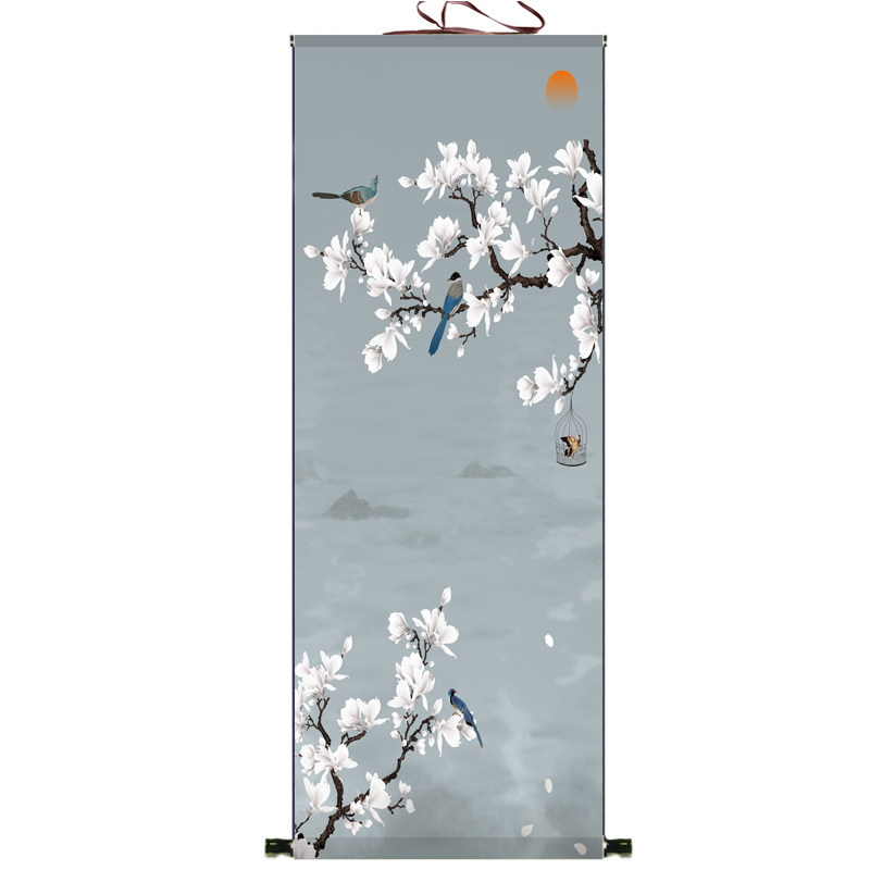玉兰花鸟画仙鹤图九鱼图卷轴画全画面挂画装饰画画绢画丝绸画