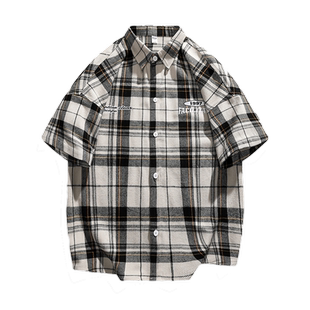 乱步搭配套装日系格子衬衫男款短袖夏季薄款休闲半袖衬衣外套潮牌