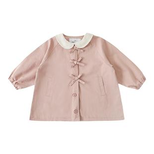 幼悠女童风衣外套春秋款蝴蝶结复古洋气外衣儿童春秋翻领粉色上衣