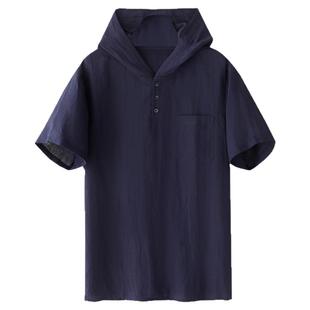 朴笙记原创文艺范t恤复古中式连帽透气亚麻短袖宽松纯麻薄禅茶衣