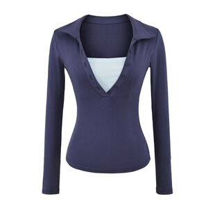 黑色复古假两件撞色polo深v领长袖t恤针织上衣性感显瘦辣妹打底衫