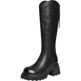 百思图2025冬商场新款加绒高跟骑士靴粗跟女显瘦V口长靴F2181DG5