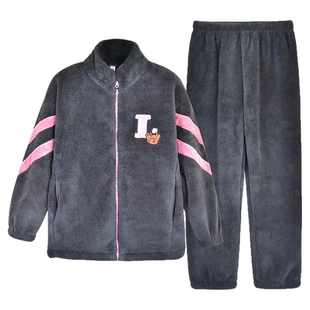 芬腾睡衣秋冬天法兰绒加厚加绒休闲运动立领女生家居服保暖可外穿