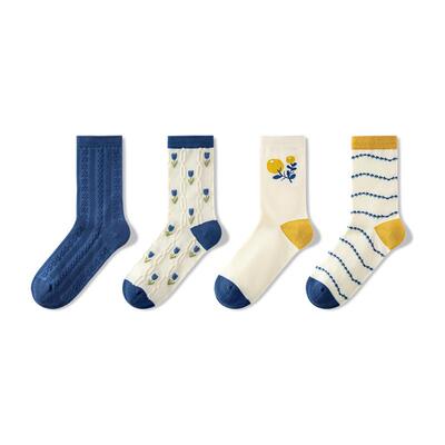 耐尔袜子女蓝色田园风ins中筒袜