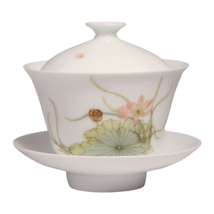 自慢堂不言美器手绘三才盖碗釉中彩荷花泡茶碗奉皓月中式功夫茶具