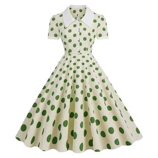 港风少女感高级温柔大摆波点连衣裙子夏polo领短袖收腰气质度假裙