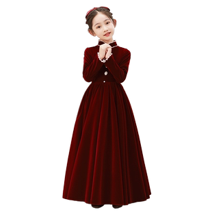 女童礼服拜年服高端儿童公主裙主持人钢琴演奏红色喜庆过年服冬季