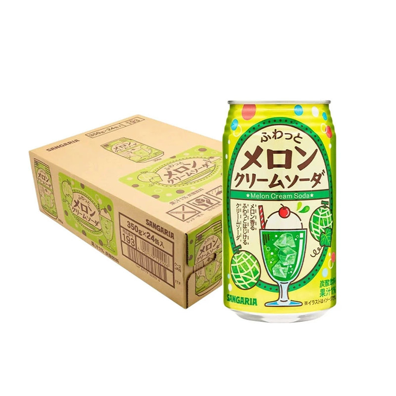 日本进口三佳利哈密瓜奶油苏打汽水饮料350ml甜瓜味果汁碳酸