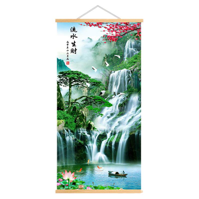 流水生财瀑布风景山水画玄关挂画
