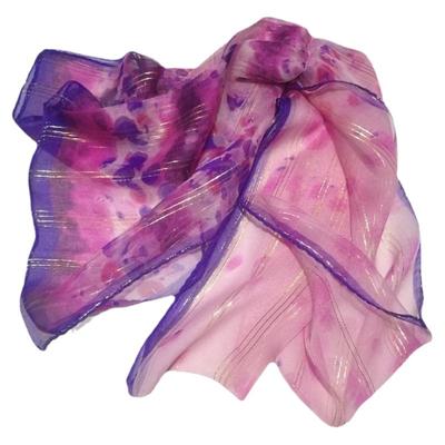 桑蚕丝真丝长巾金丝线女印花围巾薄乔其纱纱巾2021新款长条丝巾