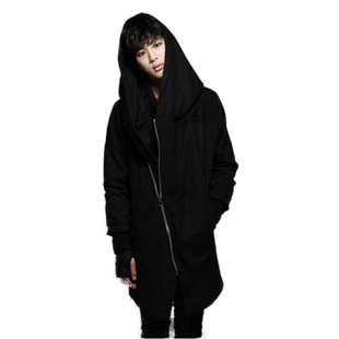 春装新款潮男中长款斜拉链连帽连手套毛呢外套男大码大帽子大衣