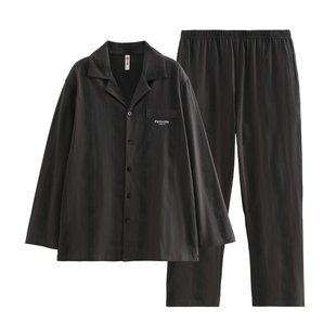 芬腾纯棉睡衣男士春秋季条纹长袖套装秋天男款青年休闲大码家居服