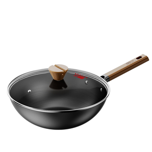 中康铁锅炒锅不粘锅深氮平底锅无涂层32cm起圆底煤气灶纯铁传统