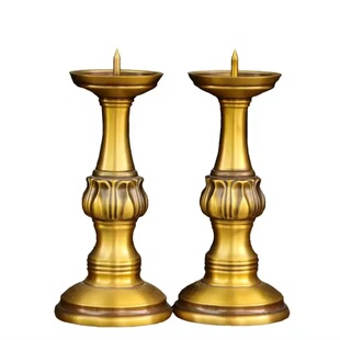 黄铜烛台摆件铜莲花蜡台一对中式复古莲花蜡烛灯台家用供奉装饰品