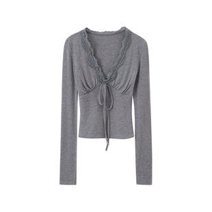 jijilulu积极璐 蕾丝甜梦 修身v领蕾丝t恤显瘦好穿欲姐系带上衣