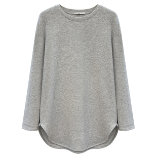 蚕丝羊毛包边圆弧遮屁股长袖t恤女冬季保暖双面磨毛落肩打底衫潮