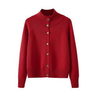 100%纯棉针织开衫外套女可翻可立半高领2025秋冬新款加厚保暖外穿