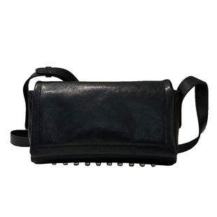 水晶植鞣头层牛皮全真皮女士小包新款底部铆钉黑色机车包斜挎包潮