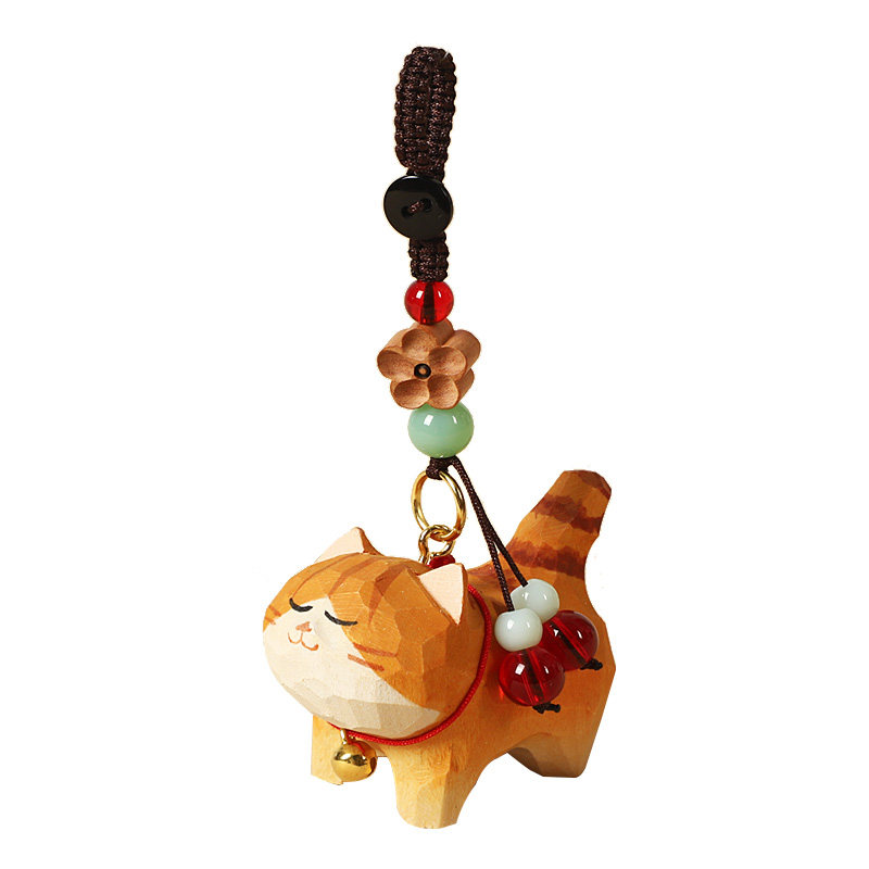 手工木雕猫咪橘猫小猫编织钥匙扣汽车书包挂件精致挂饰生日礼物女