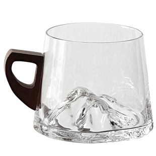 创意木柄观山杯中式家用待客茶杯玻璃杯品茗杯高级感咖啡杯喝水杯