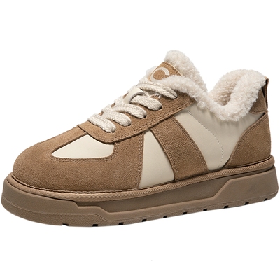 千百度厚底加绒德训鞋女款冬季气质保暖时尚休闲鞋毛毛运动鞋百搭