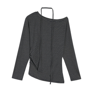 pusumede 腰线陷阱 斜露肩长袖针织t恤女收腰设计感气质飘带上衣