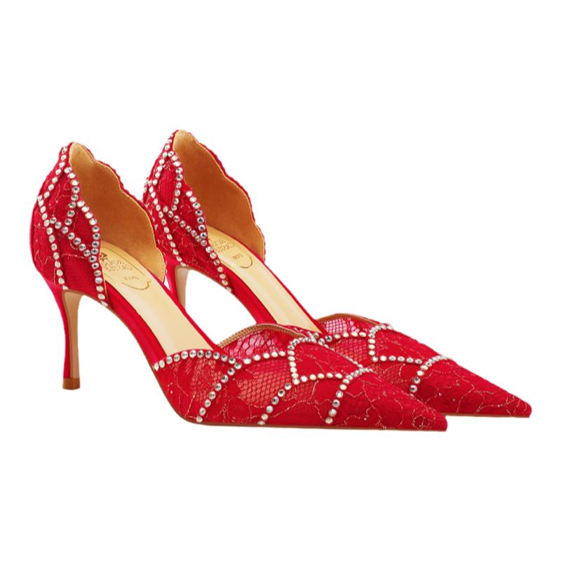 蔷薇花影rosecastle婚鞋女新娘鞋秀禾敬酒服轻奢红色一字带高跟鞋