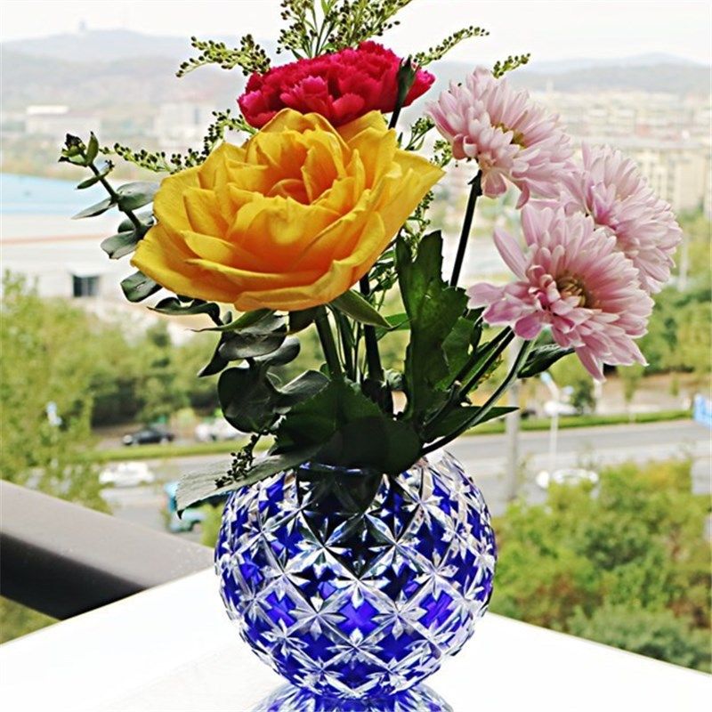 日式圆形玻璃花瓶纯手工日本切子花器花插家用宴会酒吧聚会工艺品