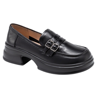 奥康 女鞋春秋乐福鞋学院真皮舒适粗跟英伦风百搭套脚厚底鞋