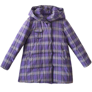 【温暖如初】冬季新款连帽紫格子羽绒服女短款白鸭绒时尚保暖外套