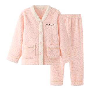 英氏儿童睡衣女冬季加厚洋气珊瑚绒居家服开衫套装男女孩2025新款