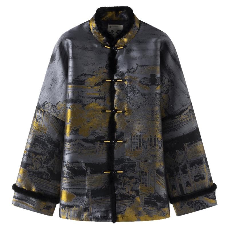 秋冬中国风男装唐装男加厚水貂领灰色烫金提花棉袄新中式盘扣棉服