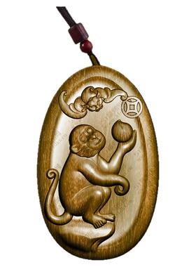 柏林禅椭圆凹底桃子生肖猴子属相佩戴挂件佛牌吊坠绿檀木桃木枣木