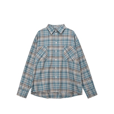 美式复古磨毛格子衬衫男女春秋新款宽松休闲内搭长袖格纹衬衣潮流