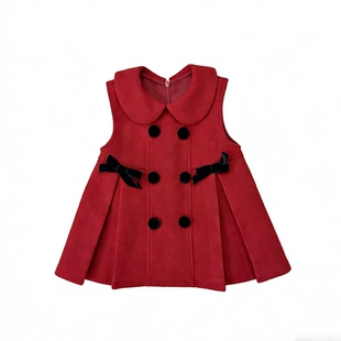 原创新品女童毛呢洋气中国红公主裙千金风翻领背心裙呢子裙子韩版